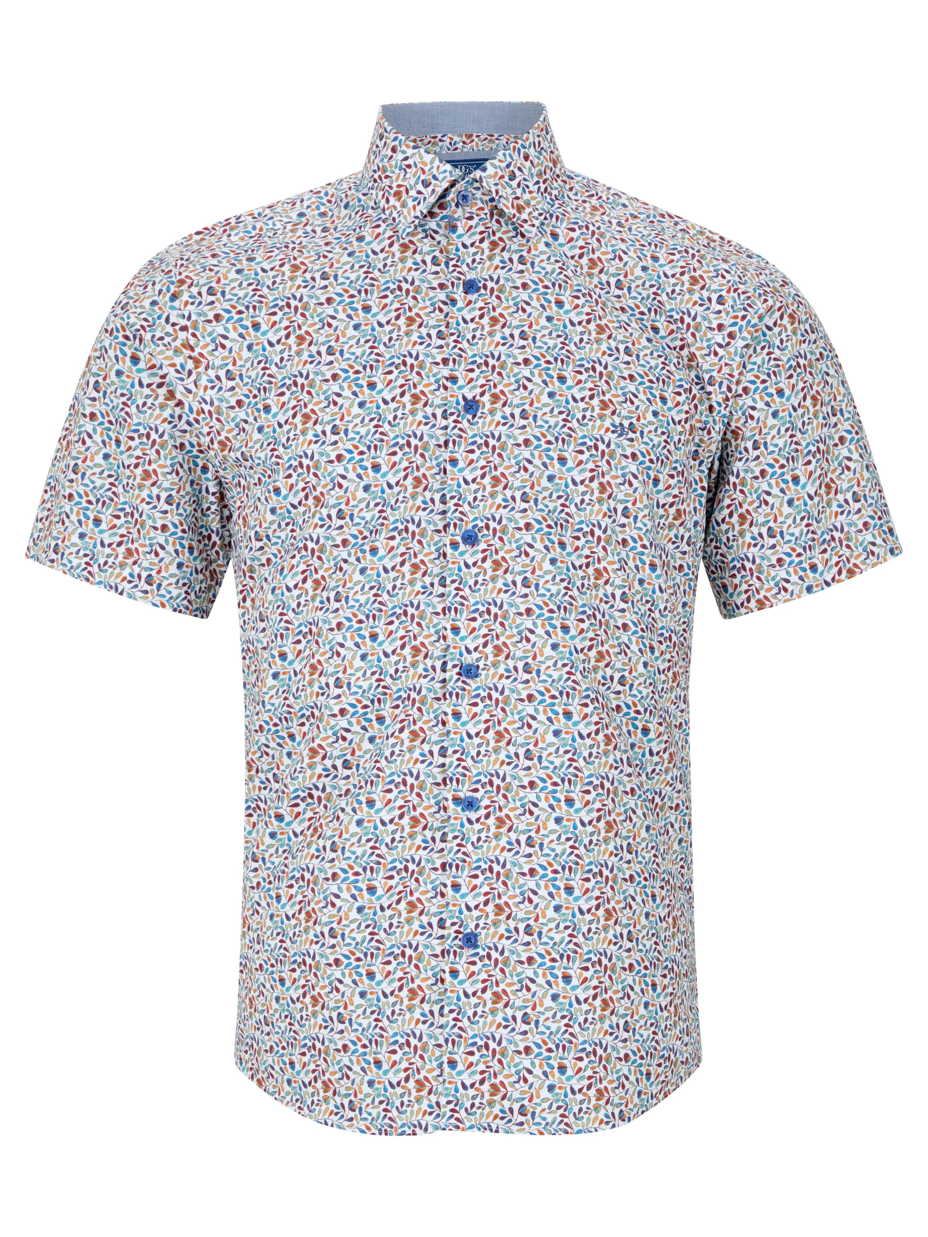 Drifter White Multi Leaf Print Short Sleeve Cotton blend Shirt