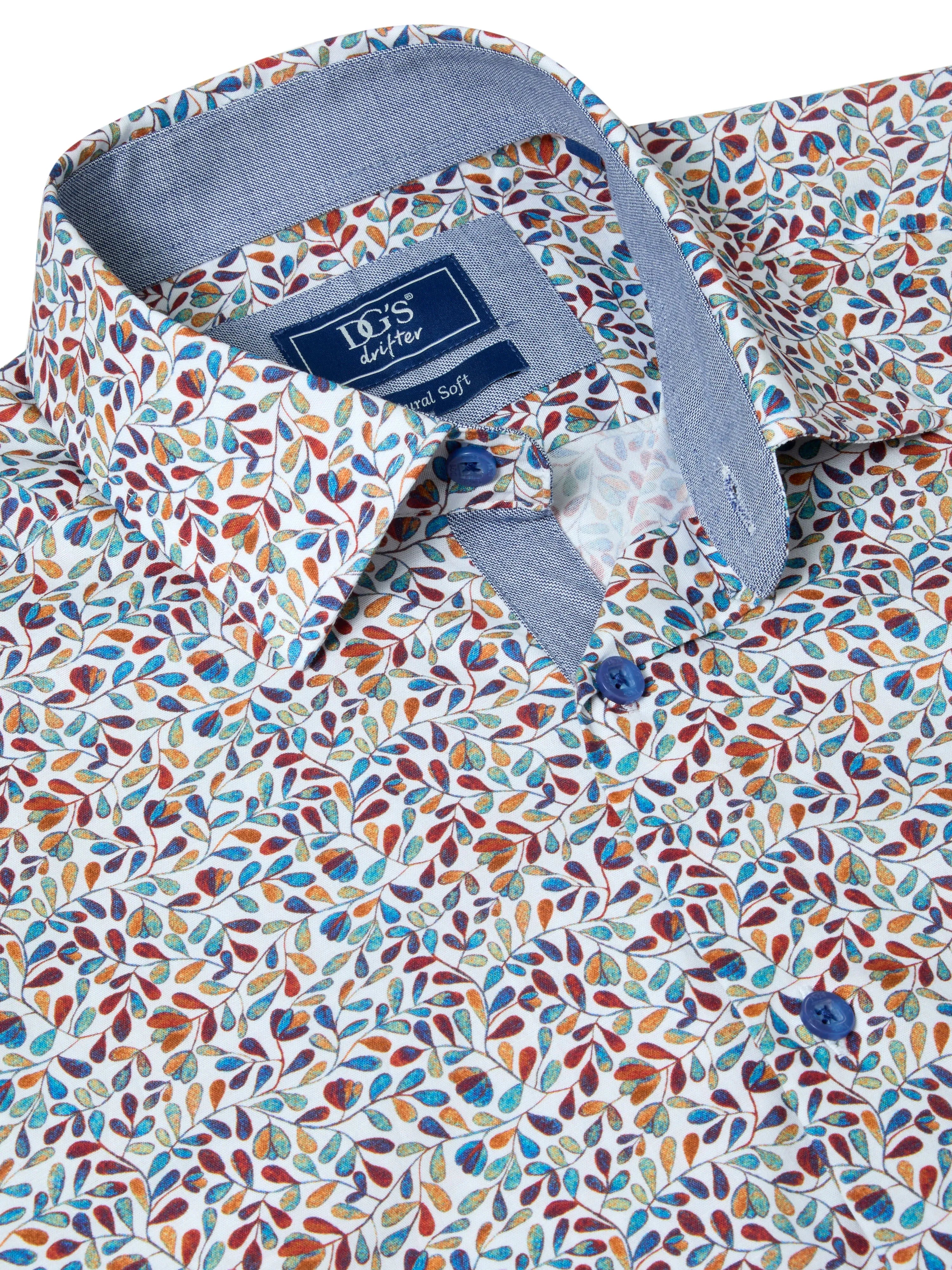 Drifter White Multi Leaf Print Short Sleeve Cotton blend Shirt