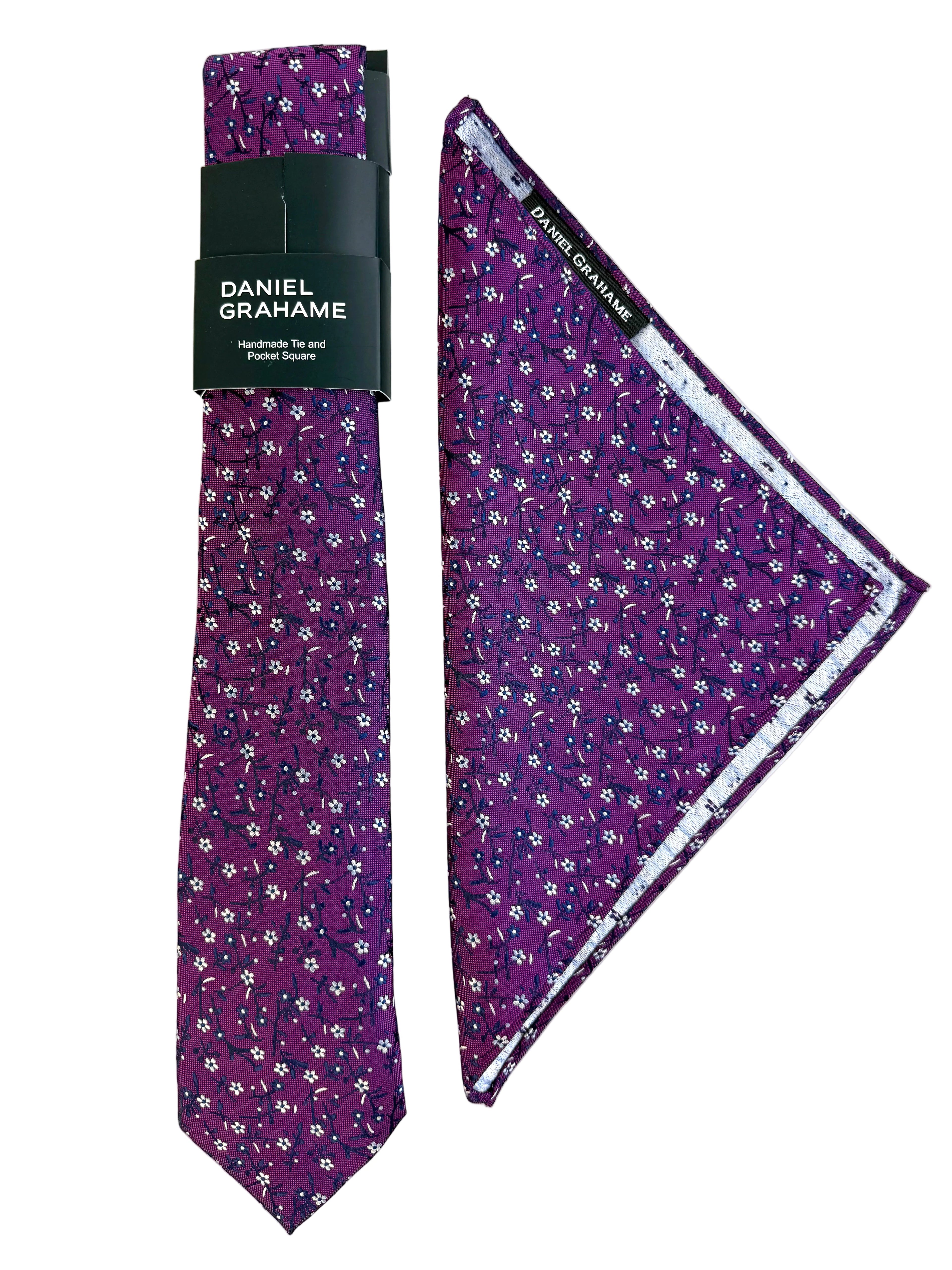 Daniel Grahame Floral Tie & Pocket Square Set – Purple
