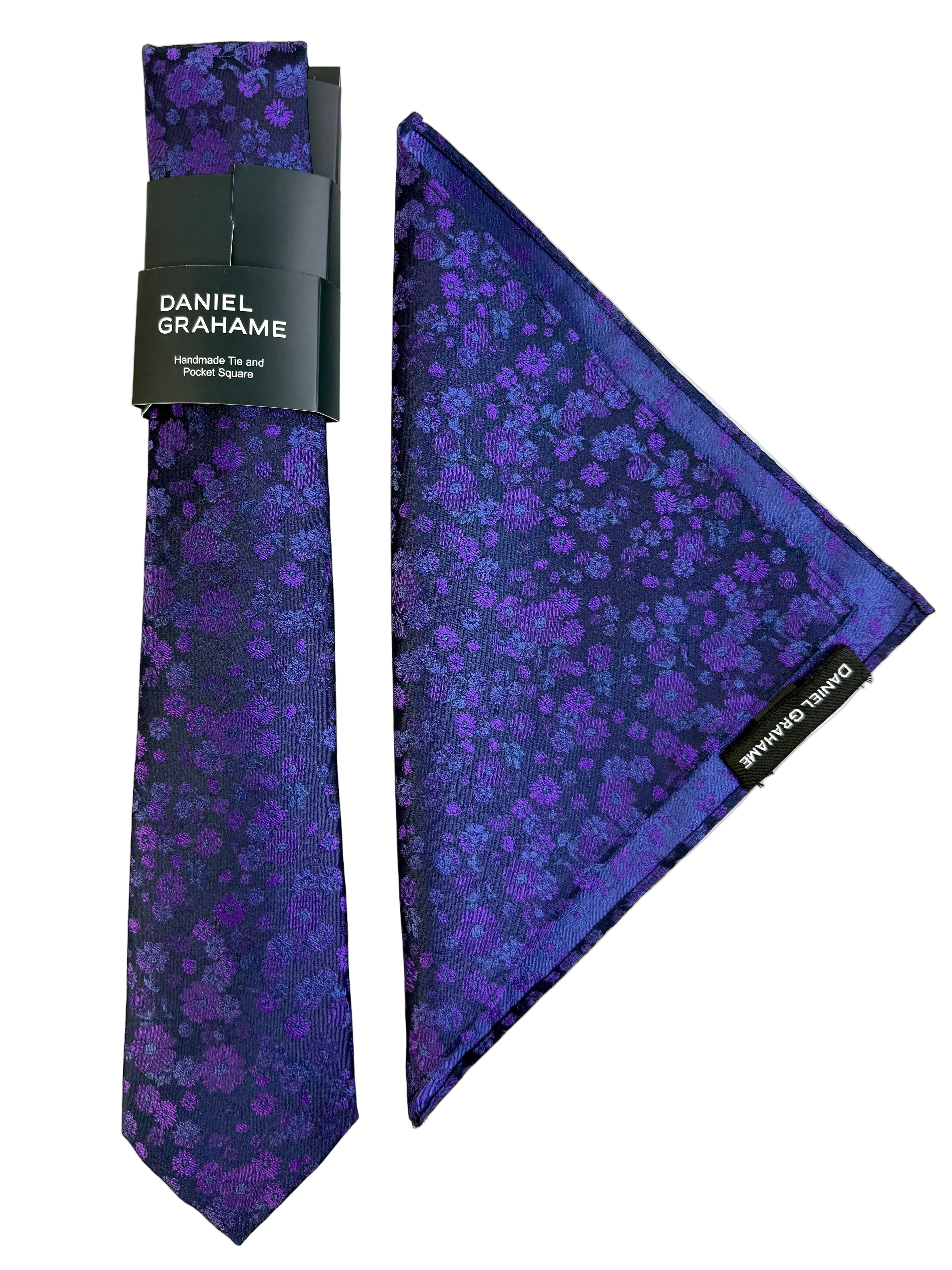 Daniel Grahame Floral Tie & Pocket Square Set – Navy & Purple