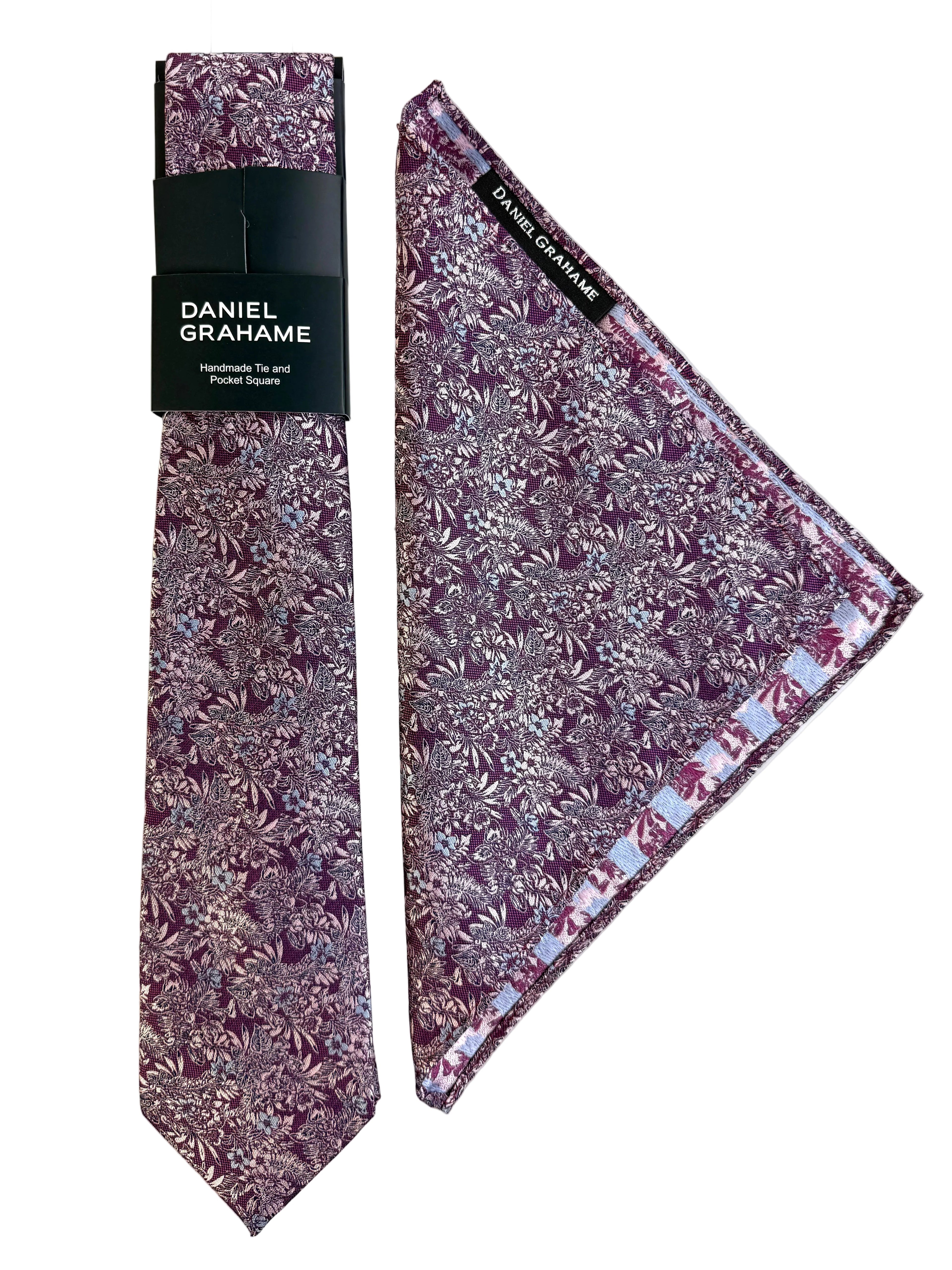 Daniel Grahame Floral Tie & Pocket Square Set – Purple
