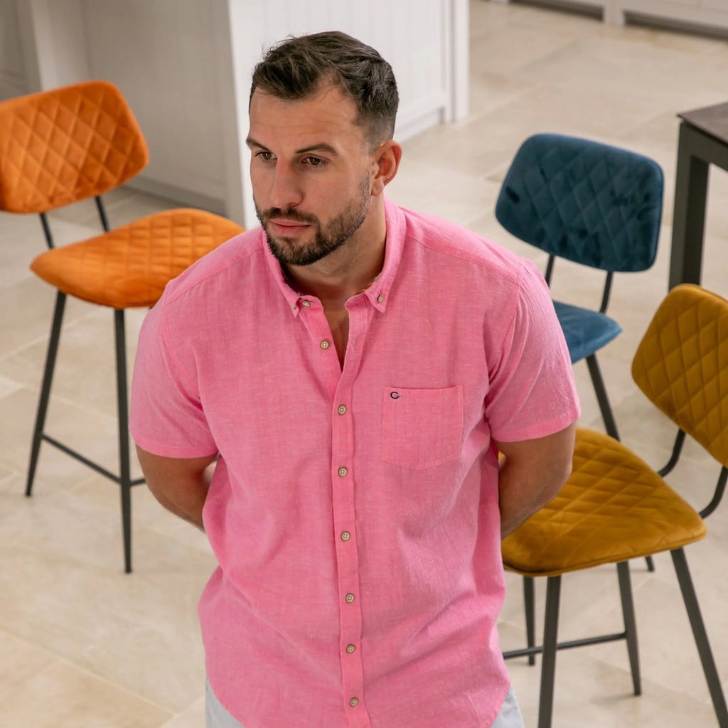 Peter Gribby Pink Linen Cotton Short Sleeve Shirt | Fields Menswear