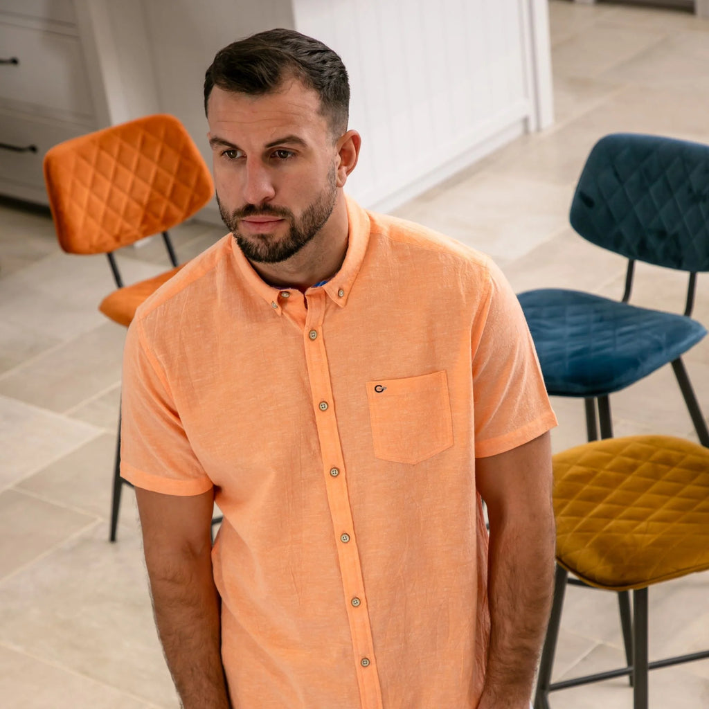 Peter Gribby Peach Linen Cotton Short Sleeve Shirt | Fields Menswear