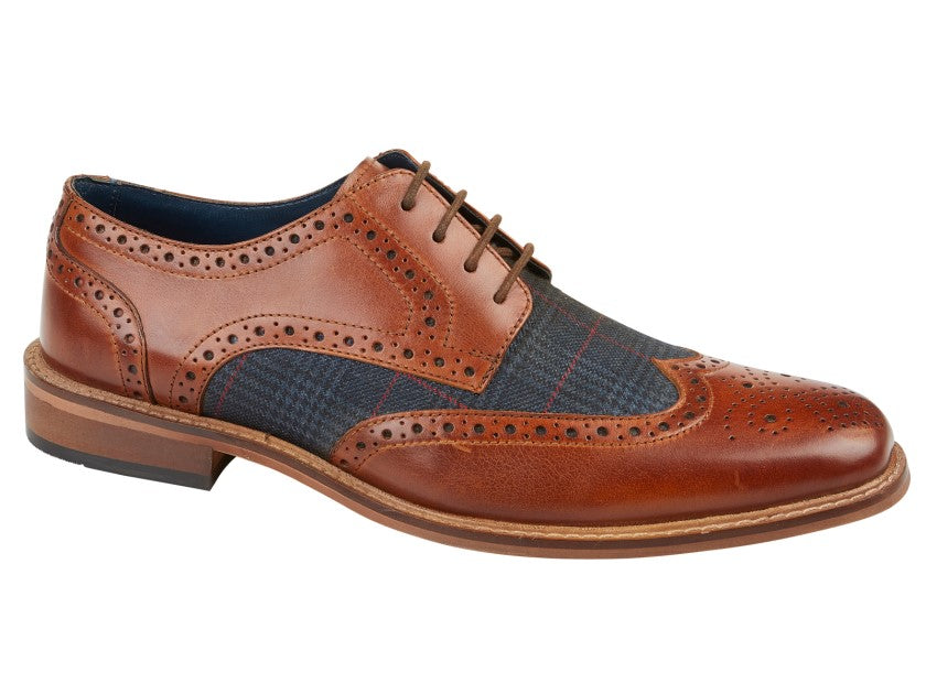 Roamers Tan Leather Wing Brogue Shoes With Checked Tweed
