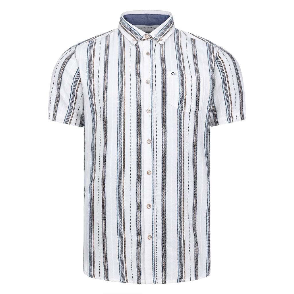 Peter Gribby Ecru Stripe Cotton Short Sleeve Shirt | Fields Menswear