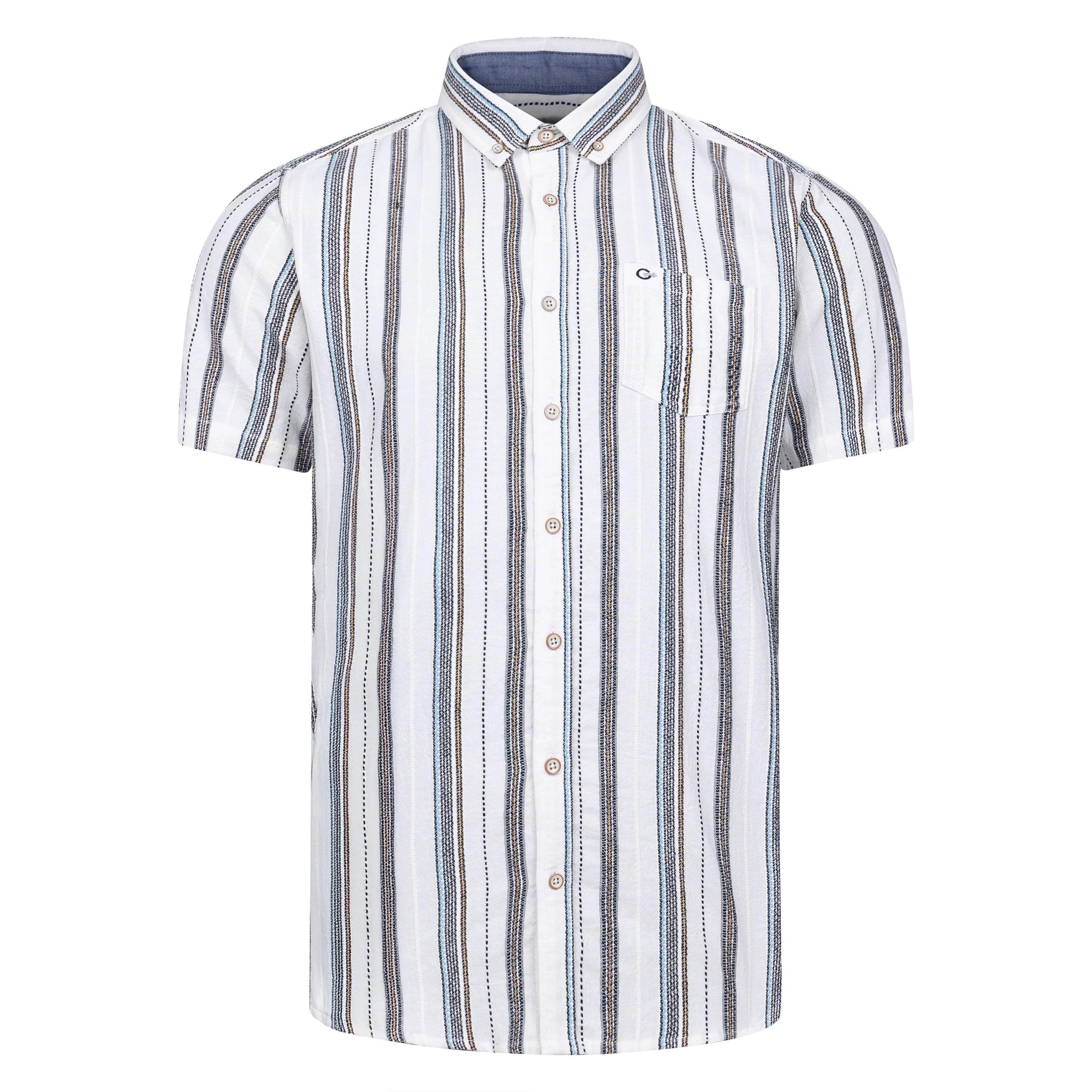Peter Gribby Ecru Stripe Cotton Short Sleeve Shirt | Fields Menswear