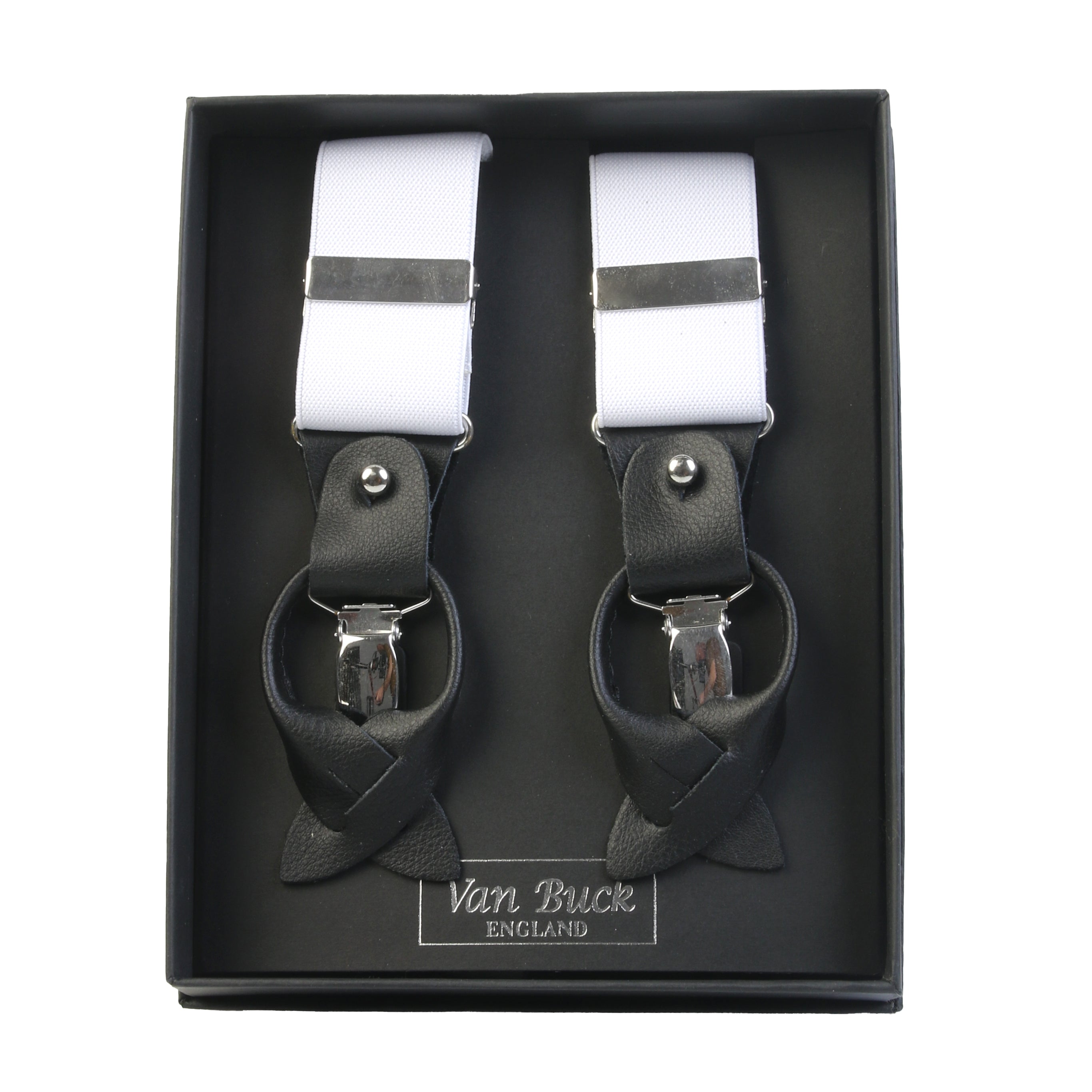 Van Buck White Y-Back Braces with Dual Clips and Leather Ends