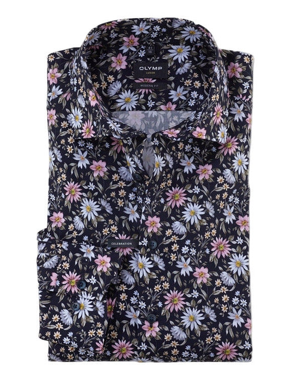 Olymp Luxor - Floral Print Shirt - Navy