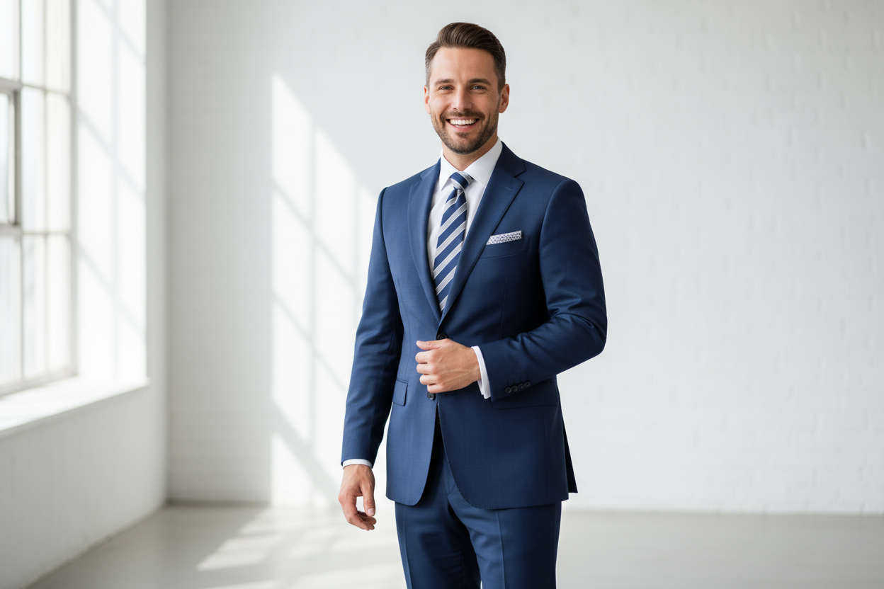 happy customer wearing a smart suit and tie