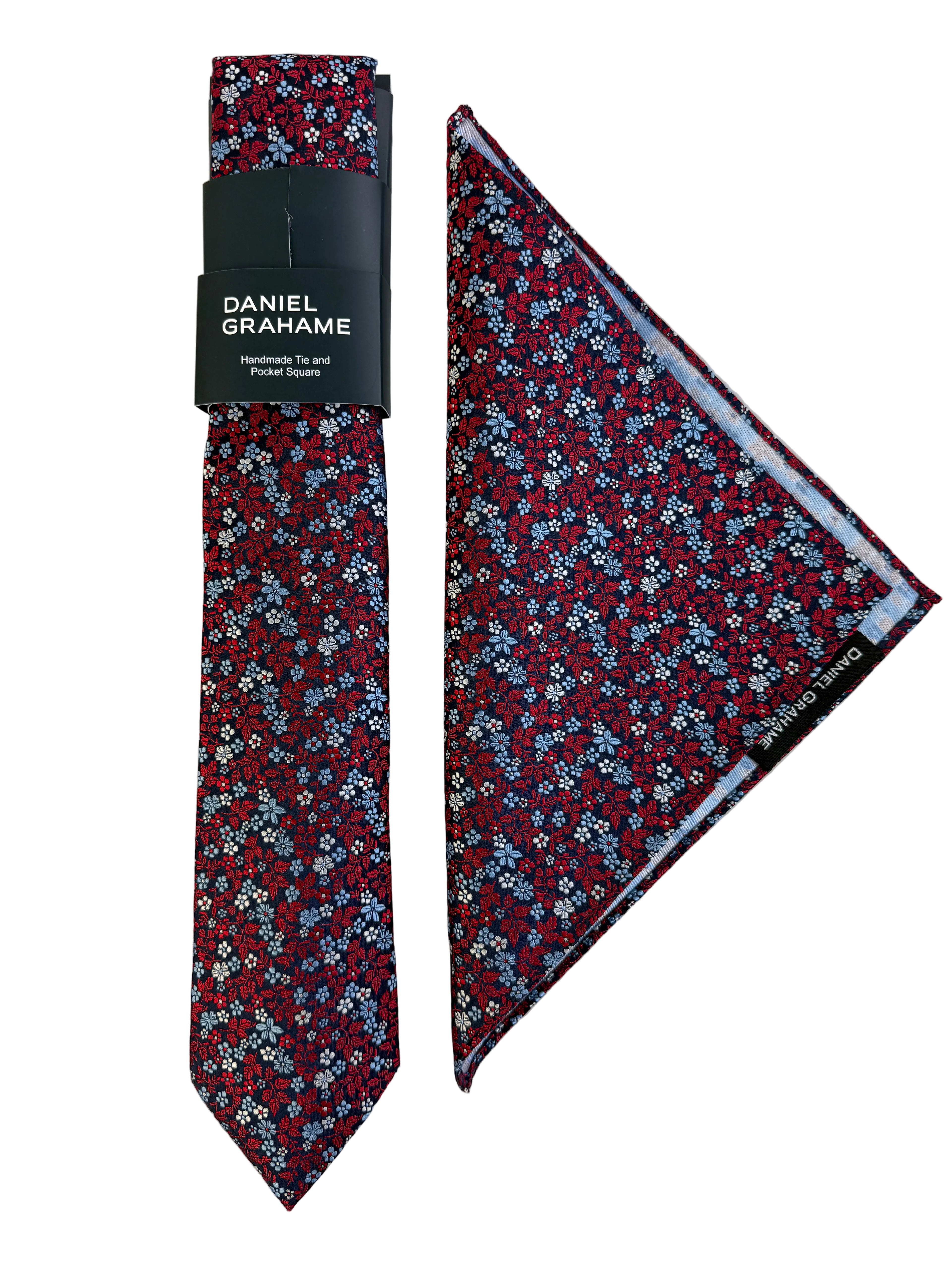 Daniel Grahame Floral Tie & Pocket Square Set – Red & Navy
