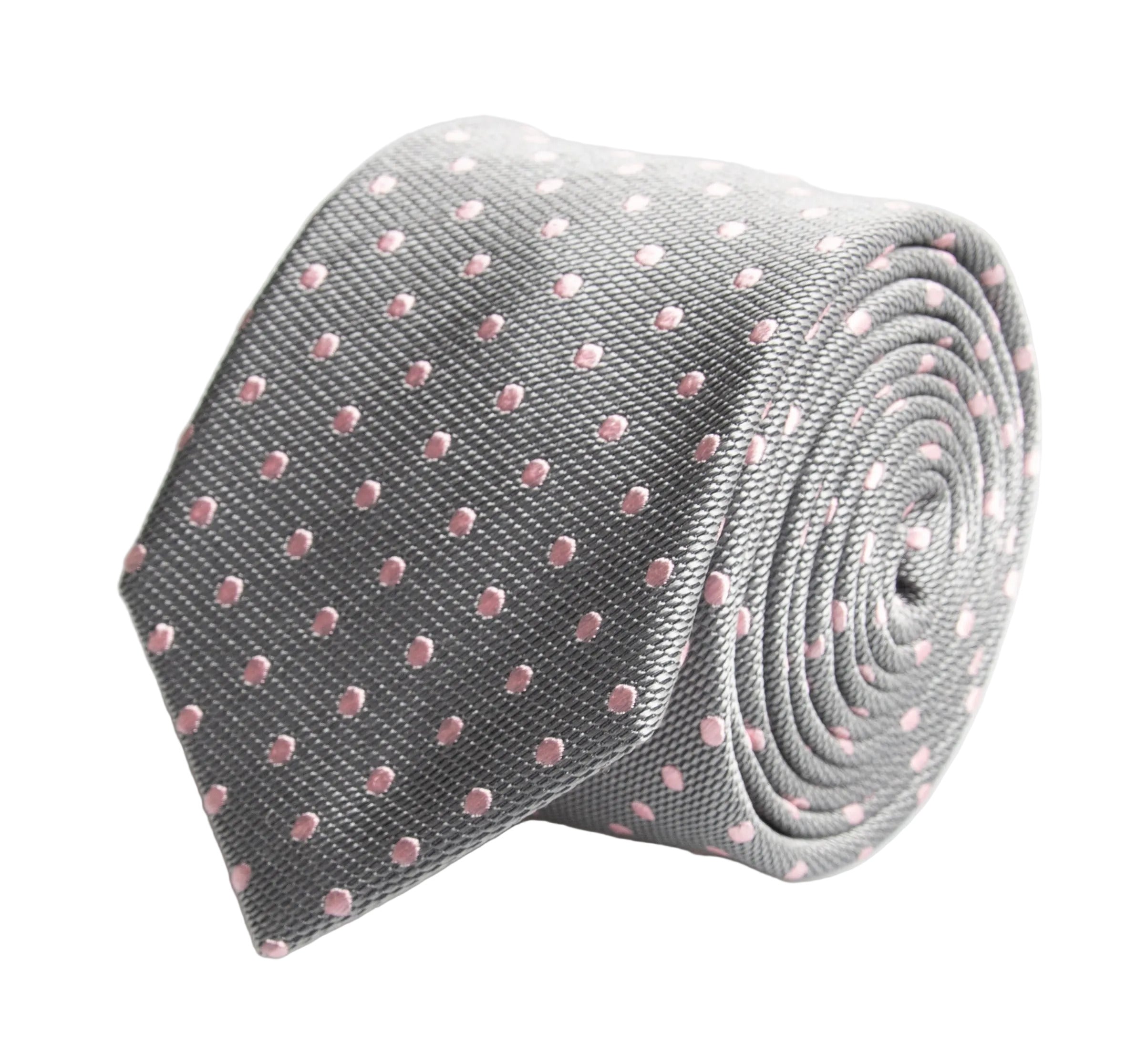 Silk Van Buck Silver Grey & Pink Polka Dot Tie | Made in England